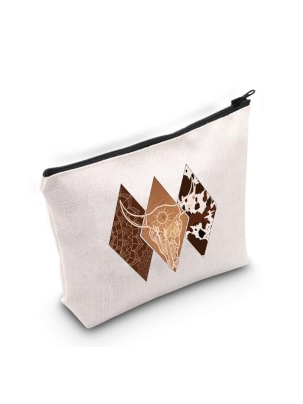 Western Cow Skull Makeup Bag Canvas Zipper Cosmetic Pouch Retro Rodeo Toiletry